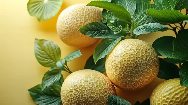 Fresh and Juicy Cantaloupe Melons with Green Leaves on a Sunny Yellow Background