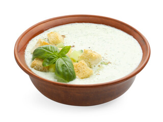 Tasty cucumber soup with croutons and basil isolated on white