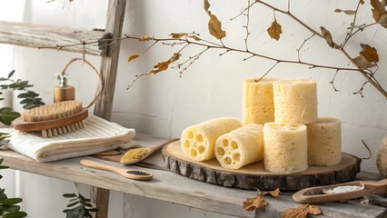 Eco Natural Loofah Scrubbers on Wooden Shelf