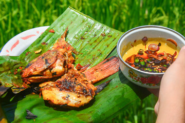 Close up of grilled fish cooked with tomatoes and spicy red chilies