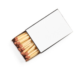 Matches in box isolated on white, top view. Mockup for design