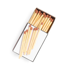 Matches and box isolated on white, top view