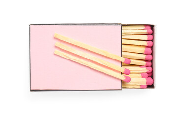 Fototapeta premium Matches and pink box isolated on white, top view