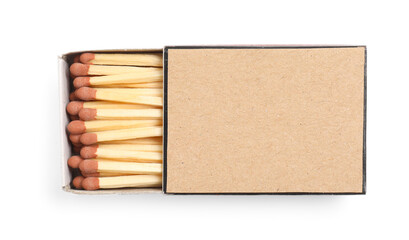 Matches in box isolated on white, top view. Mockup for design