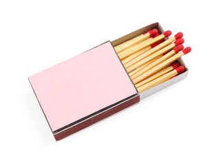 Matches in box isolated on white. Mockup for design