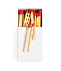 Matches and box isolated on white, top view