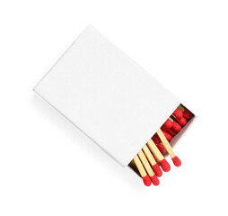 Matches in box isolated on white, top view. Mockup for design