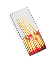 Matches and box isolated on white, top view
