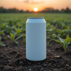 Blank Aluminum Can Mockup: Sunset Field Background for Beverage Branding on isolated background