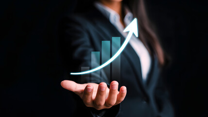 Growth chart floating in woman’s hand – success and upward trend  

