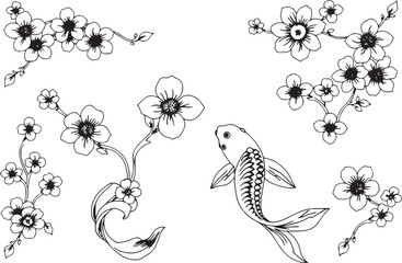 Obraz premium A set of Japanese decorative elements for flat design. Hand drawn vector illustration 