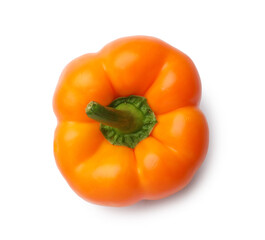 One fresh orange bell pepper isolated on white, top view