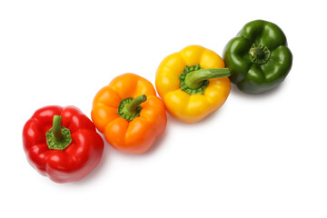 Fresh colorful bell peppers isolated on white, top view