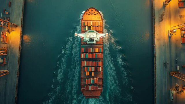 Container cargo freight ship during discharging at industrial port and move containers to container yard by trucks, cargo plane, logistic import export background and transport industry concept