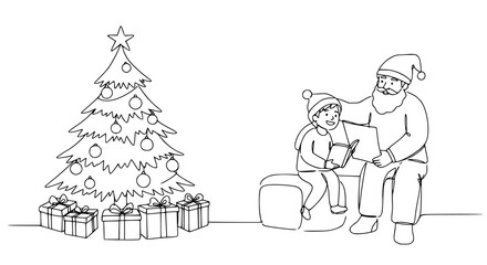 Santa claus reading with child by christmas tree silhouette isolated on transparent background