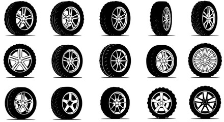 Car wheels silhouette set isolated on transparent background