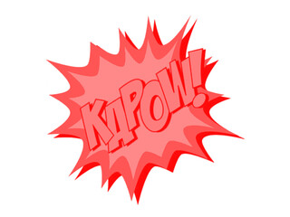 Red pink comic book style KAPOW word in dramatic explosion.