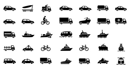 Transportation icons silhouette set isolated on transparent background