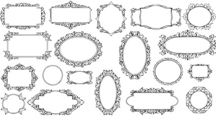 Collection of ornate decorative frames silhouette isolated on transparent background