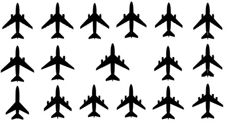 Collection of airplane silhouettes isolated on transparent background
