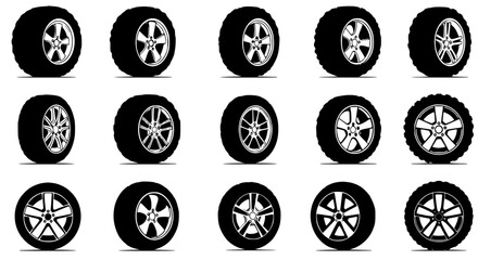 Car wheels silhouette set isolated on transparent background