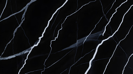 Full-frame 2D black marquina marble tile with thin white lightning veins, high-gloss finish.