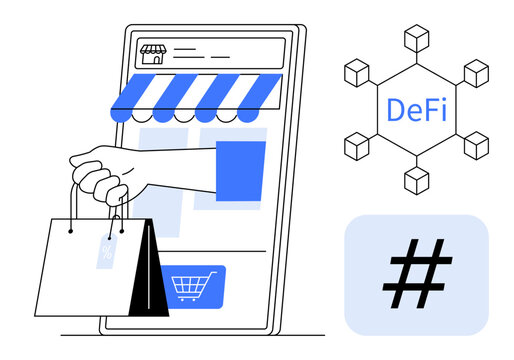 Hand holding shopping bags from a mobile storefront, representing e-commerce. Blockchain network around DeFi highlights digital finance. Ideal for online shopping, blockchain, web design, finance