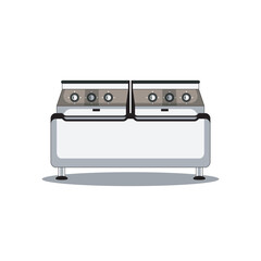 Vector illustration of a commercial deep fryer with twin baskets and control knobs, ideal for restaurant or kitchen appliance design themes.