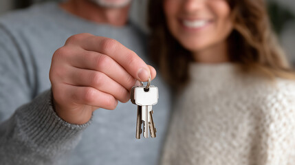 Joyful Diverse Couple Getting New Home Keys, Warm Decorated Interior Background, first-time buyers, house keys, key exchange, diverse couple, homeownership, happy homeowners, real estate, new home,