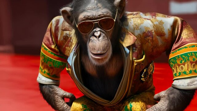Anthropomorphic chimpanzee wearing aviator sunglasses and a colorful printed shirt, creating a humorous and fashionable animal portrait