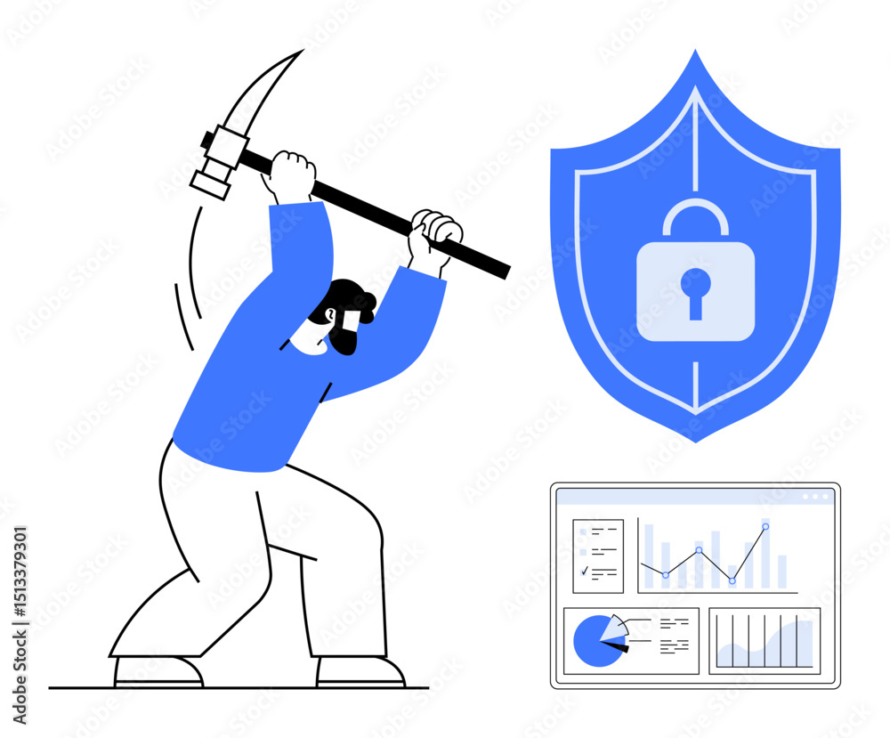 Poster hacker swinging pickaxe at large secure shield beside analytics dashboard with charts. ideal for cyb