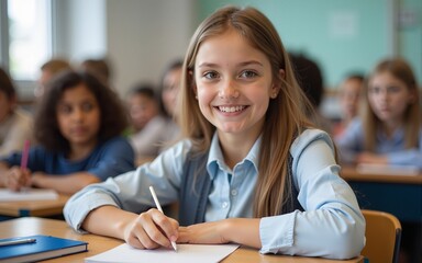 Happy female student learning in classroom and looking at camera. High quality