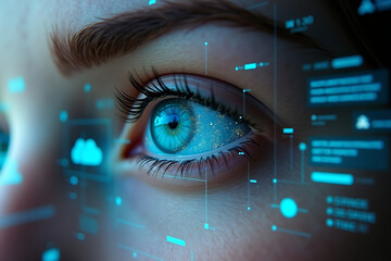  Human Eye Reflecting AR Holograms—Weather Info, Floating Notifications, and Facial Scan Grids Projected into View, AI-generated