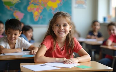 Happy female student learning in classroom and looking at camera. High quality