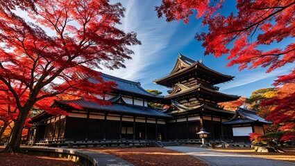 Naklejka premium Beautiful temple surrounded by red foliage in autumn.