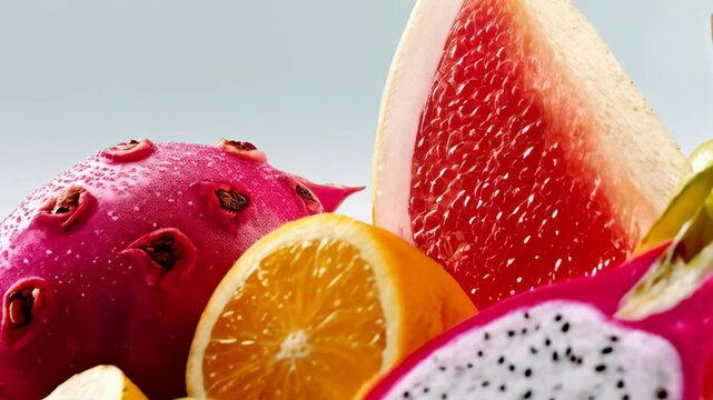 Close-up of colorful fruits, dragon fruit, pomelo, pear, citrus fruits, tangerine, sliced limes, and pomegranate seeds, displaying freshness