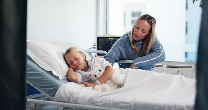 Hospital bed, sleeping and mom with child for comfort, support and care after surgery or treatment. Healthcare, pediatrics and mother with girl for visit for medical service, results and recovery