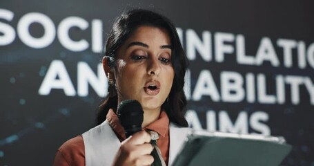 Woman, talk and tablet for speech at conference of social inflation, liability and claims for funding. Speaker, digital and review information for financial growth, risk management and economy impact