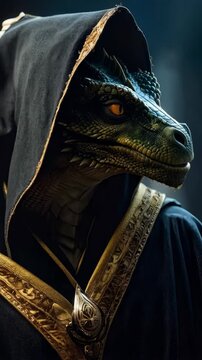 Lizard-like humanoid in hooded robe with intricate golden trim, reptilian texture scales and piercing amber eyes, fantastic creature