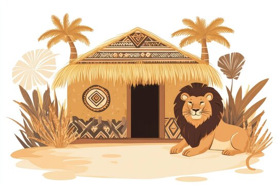 lion in an African adobe hut with tribal patterns, warm desert background, flat vector on white
