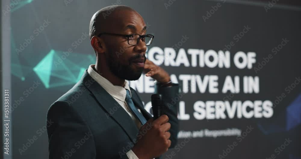 Leinwandbilder speaker, black man or talking at conference event for ai, automation or process for financial servic