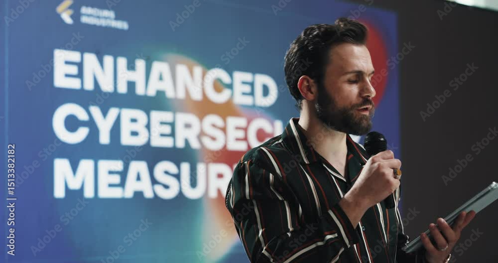 Aufkleber Speaker, man and talk with tablet at conference event for enhanced cybersecurity measurements. Public speaking, presentation and digital for information, data protection and innovation of cyberattack