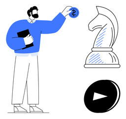 Man holding book, inserting dollar coin near chess knight and play button. Ideal for strategy, investment, planning, business vision, decision-making, financial goals leadership. Flat simple