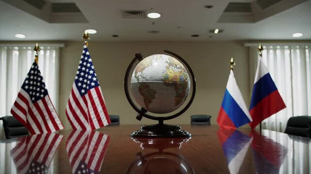 Us and russia flags and globe on table in conference room