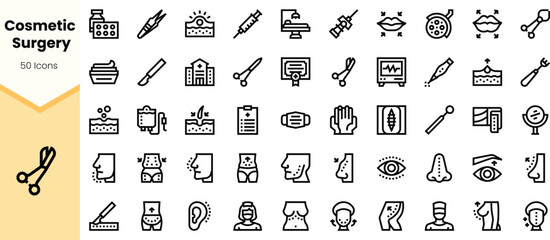 A collection of line icons representing various aspects of cosmetic surgery, including procedures, tools, and patient care, presented in a sleek, minimalist style.