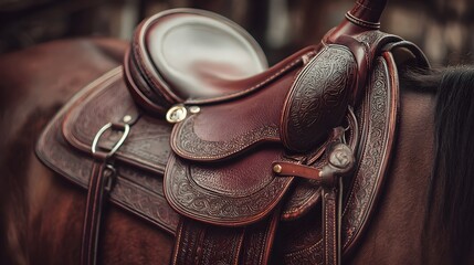 Saddle on horse ready to ride