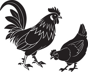 Fototapeta premium Vector-style black and white drawing featuring a rooster and hen, highlighting their silhouettes in a minimalist design