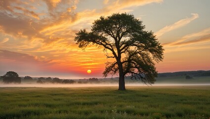 Fototapeta premium A striking silhouette of a lone tree at sunrise.