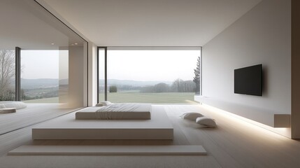 Fototapeta premium Minimalist bedroom with expansive views.