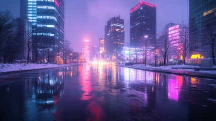 Twilight view of a modern skyline with neon-lit skyscrapers arranged along a glowing avenue, their mirrored windows catching hues of magenta, cyan, and indigo light 